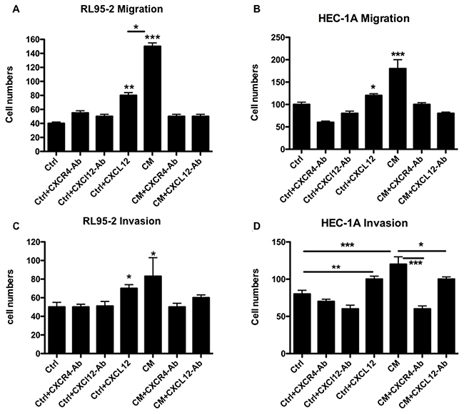 CXCL12 in the CM of the EMSCs acting on the CXCR4 of RL95-2 and HEC-1A cells to enhance the migration and invasion phenotypes.