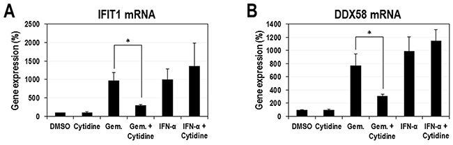 Suppression of gemcitabine-induced ISG expression by exogenous cytidine.