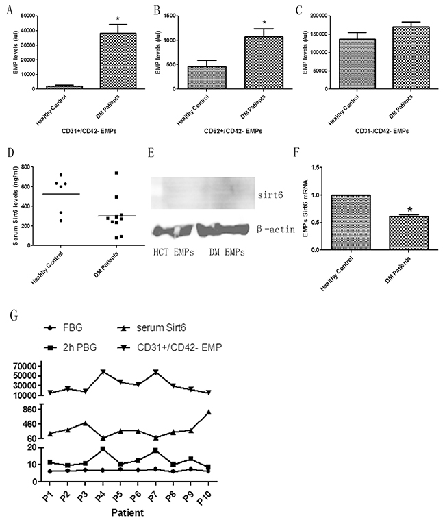 EMP levels and Sirt6 expression in DM patients.