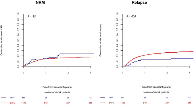 Non-relapse mortality and relapse incidence in patients receiving a myeloablative regimen with selected busulfan doses.