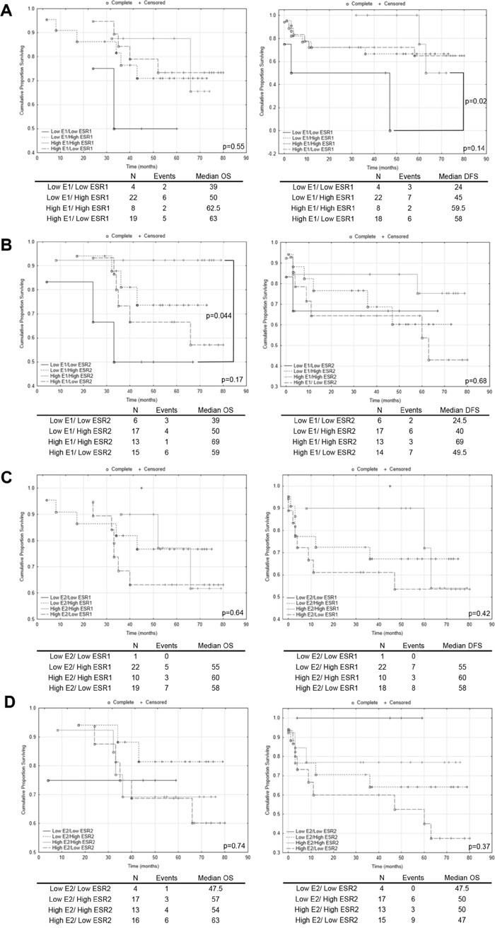 The Kaplan&ndash;Meier survival analysis among patients with colorectal cancer according to the estrogen concentration coupled with estrogen receptor transcript level.