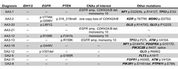 Table summarizing copy number alterations and mutations in