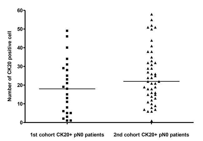 The number of CK20 positive cell detected in LN from the 1st and the 2nd cohorts of pN0 CRC patients.