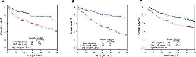 The Kaplan-Meier curves of overall survival between high-risk and low-risk patients in the testing, entire dataset and another independent dataset.