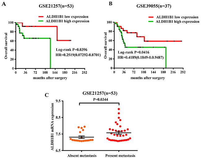 Association of ALDH1B1 expression and prognosis of OS patients by analyzing the GEO database.