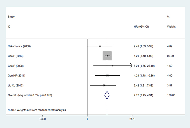 Forest plot showing the association between the LVD and OS in gastric cancer in the multivariate analysis.