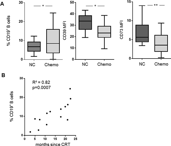 B cell frequency, CD39, and CD73 expression were evaluated in a second cohort of 14 patients with adjuvant CRT and 24 normal controls.