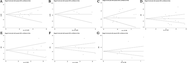 Funnel plot analysis of potential publication bias in survival and clinicopathological parameters group.