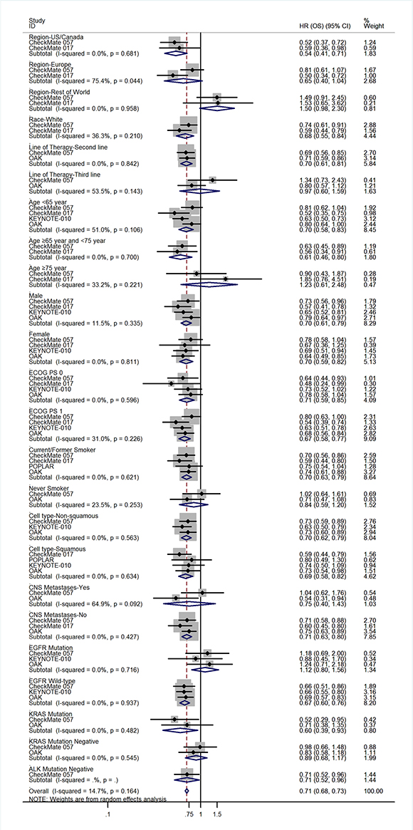 Subgroup analyses of the associations between OS and patient features.