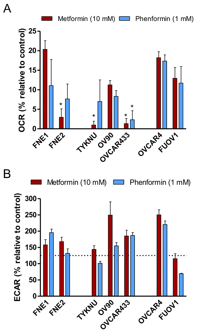 The effects of biguanides on the bioenergetics profiles of HGSC and normal FTSEC cell lines.