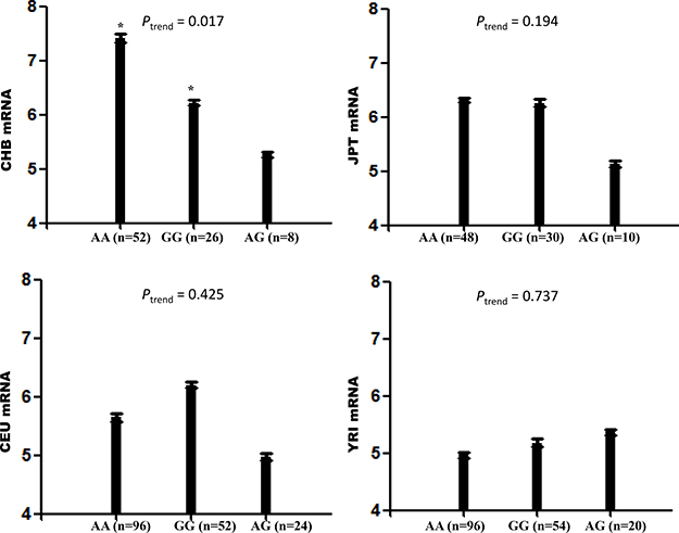 Correlation between CHD5 mRNA expressions and haplotypes (block 3) from EBV-transformed B lymphoblastoid cell lines from different populations available by SNPexp.