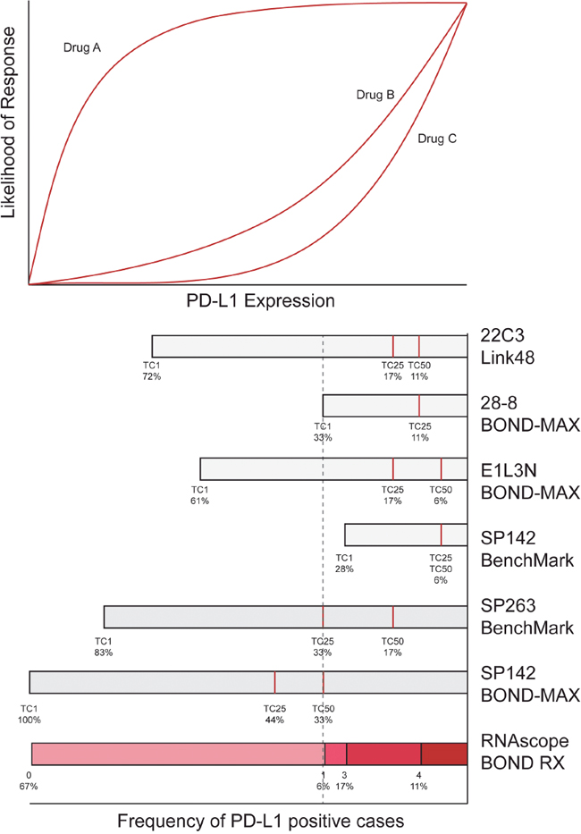 Model for conceptualizing the relationship between results from different assays and scoring thresholds, and the continuum of case volume and likelihood of response.