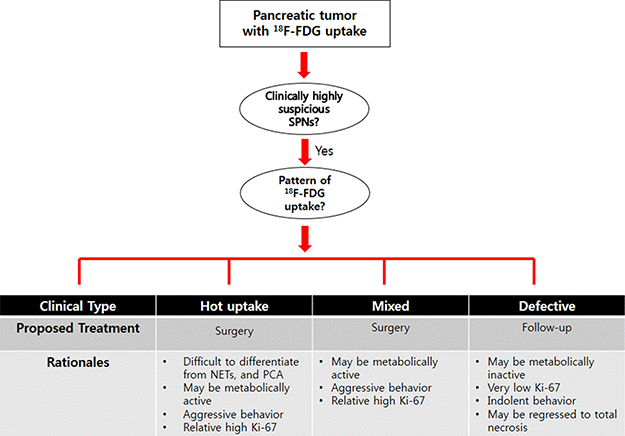 Proposing surgical strategy for SPTs of the pancreas based on the pattern of 18F-FDG uptake.