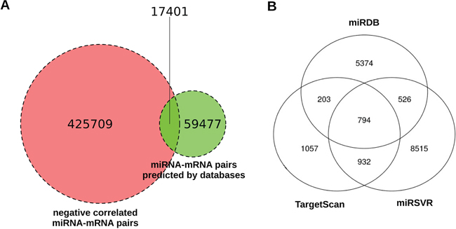 Venn diagrams about the number of miRNA-mRNA interactions predicted by miRComb in the pancreatic cancer context.