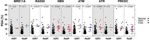 PGA as a function of DDR genes copy number status for IGRT and RadP cohorts.