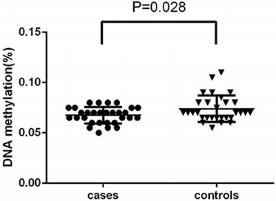 Comparison of the average methylation levels of CpG islands in the promoter region of TBC1D8 in osteoporosis and control groups