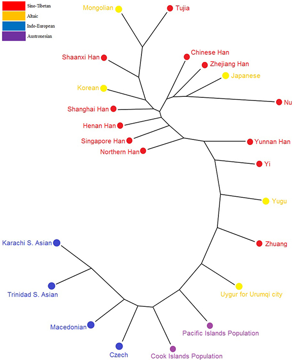 A Neighbor-Joining tree was constructed between the Chinese Henan Han and 22 other populations distributed worldwide based on genotype data of the 13 overlapping KIR gene.