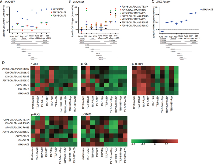 Antileukemia efficacy of dual JAK2 and mTOR inhibition ex vivo in Ph-like B-ALL patient-derived xenograft (PDX) models.