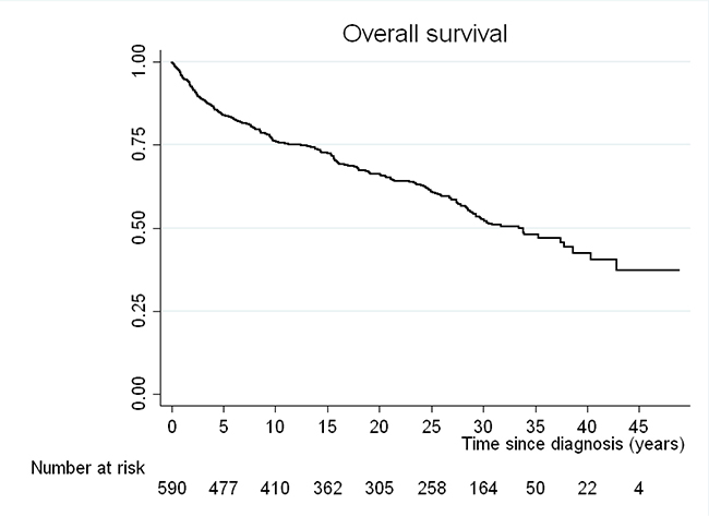Kaplan-Meier curve for overall survival (OS) of the cohort.
