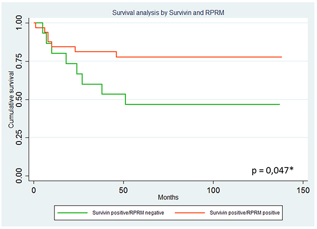 Analysis of overall survival curves among Survivin positive cases according to RPRM protein expression levels.