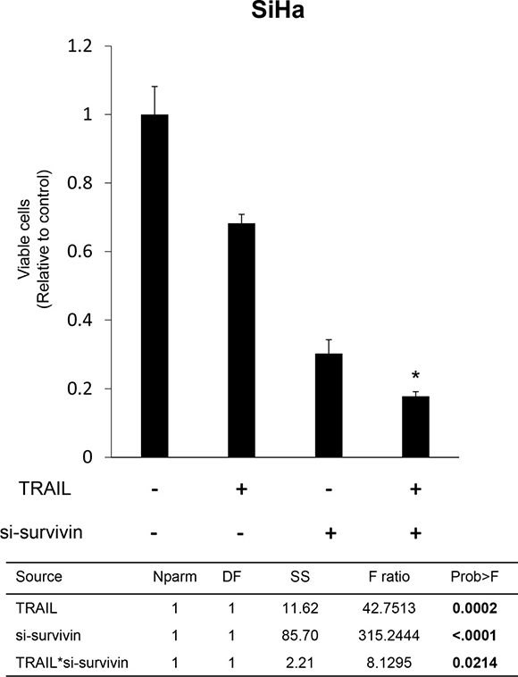 Effect of survivin suppression and TRAIL combination therapy on cell viability in TRAIL-resistant SiHa cells.