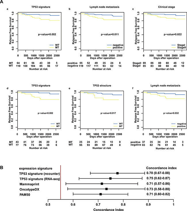 Relapse-free survival analysis in the nCounter validation cohort and concordance index for RFS and risk score.