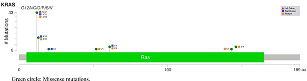 Lollipop plot for KRAS mutations according to the tumor location.