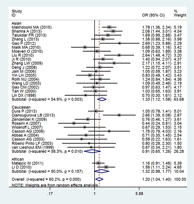 Forest plot of the association of GSTT1 null genotype with esophageal cancer risk.