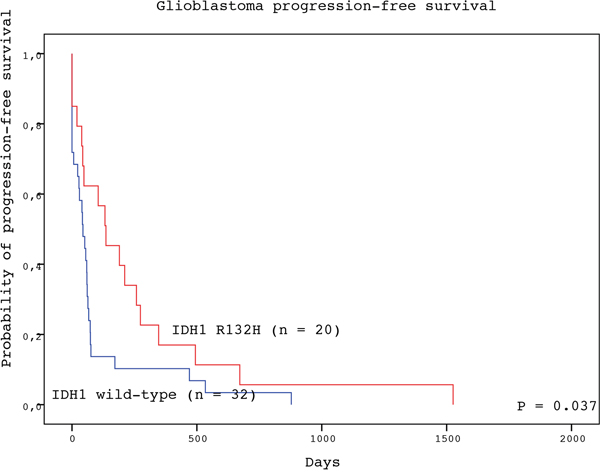 Progression-free survival of GBM patients with IDH1 R132H-mutated (red line) and IDH1 wild type (blue line) tumors (log-rank test).