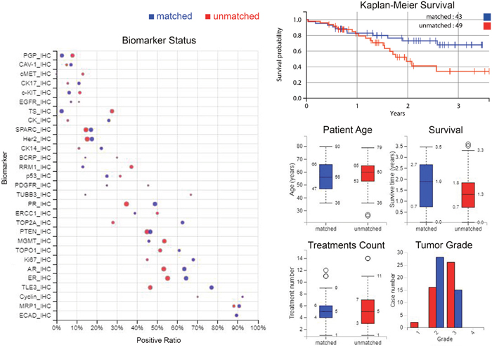 Differences between matched and unmatched groups in biomarker statuses, survival, demographics and tumour grade.
