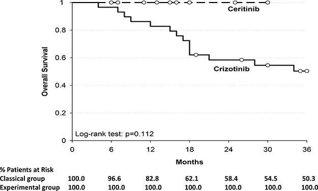 Shows the Kaplan&#x2013;Meier curves for overall survival among patients who received crizotinib or ceritinib.