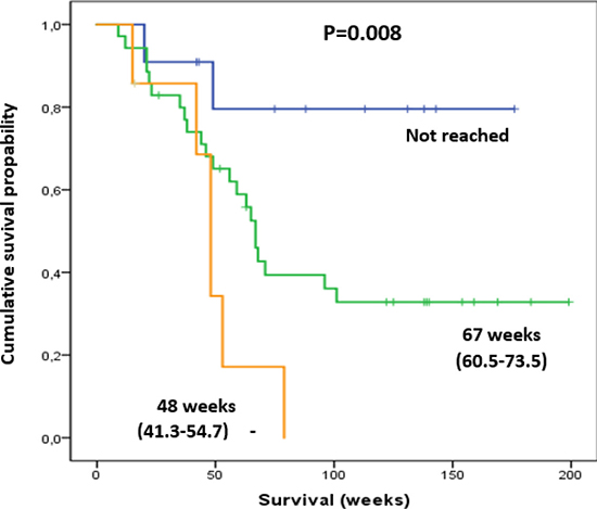 Patients with pre-therapeutic Hb Tox grade of 2 (orange line) had a shorter survival compared to those with Hb Tox grade of 0 (blue line) and 1 (green line).