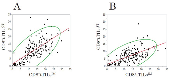 The correlations between the densities of total CD8&#x002B;TILs at the center of the tumor (CD8&#x002B;tTILsCT)/at the surface of the tumor (CD8&#x002B;tTILsST) and that of total CD8&#x002B;TILs at the invasive margin (CD8&#x002B;tTILsIM) in randomly selected fields in the validation study.
