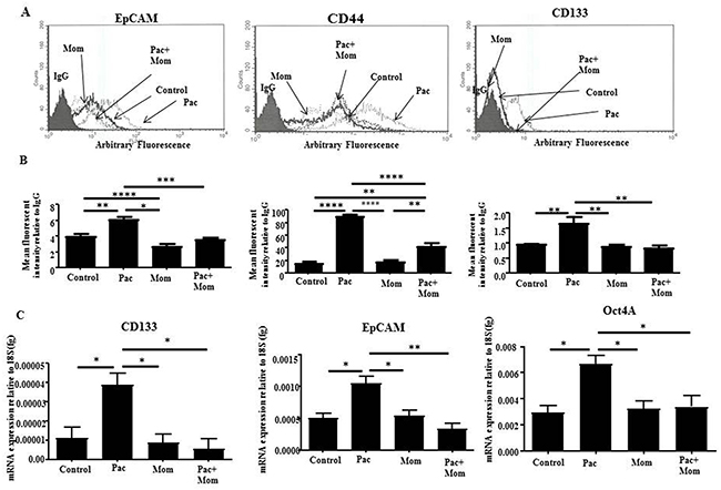 Analysis of the expression of CSC-like surface markers in HEY cells treated with paclitaxel and/or momelotinib.