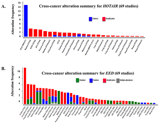 Frequency of HOTAIR alteration and putative HOTAIR-controlled genes across cancer types.