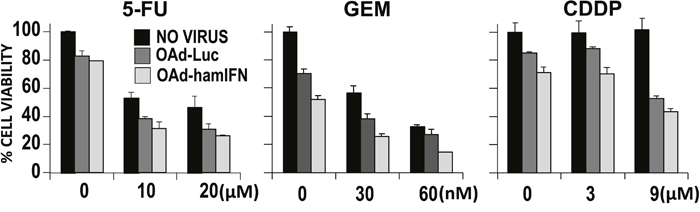 Contribution of IFN expressed by adenovirus to increase cytotoxicity of virus-chemotherapies.