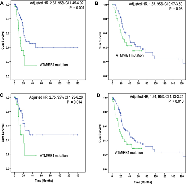 Comparison of OS in patients with mutated and wild type ATM/RB1 genes.