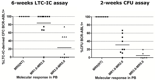 Percentage of BCR-ABL1+ single or pooled colonies in patients at diagnosis and under TKI treatment, according to their molecular response in PB.
