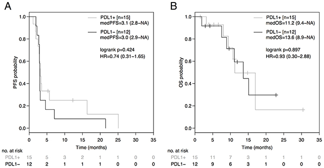 PFS and OS from initiation of immune-checkpoint blockade (ICB) based on the PD-L1 expression status.