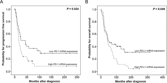 Kaplan&#x2013;Meier survival analyses and PD-1 and PD-L1 mRNA-expression in 85 HGSOC, FIGO III/IV patients.