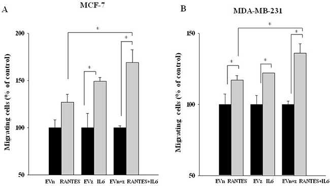 Migratory ability of MCF-7 and MDA-MB-231 clones transfected with RANTES and/or IL-6.