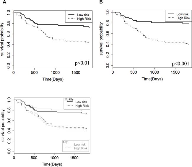 Kaplan&#x2013;Meier survival curves for the patient cohort based on a risk analysis and multivariate Cox regression of the four metabolite survival markers, Gly, NAA, S-Ins, TLM 1.3 ppm.