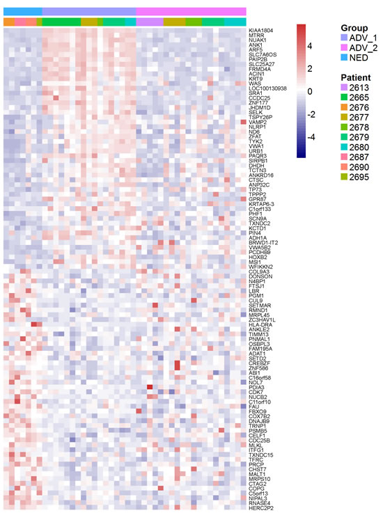 Heat map demonstrates individual prostate cancer DTC from patients with no evidence of disease [NED] are similar to a subset of prostate cancer DTC from advanced patients [ADV].
