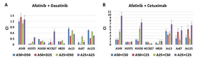 Combination effect of afatinib combined with either dasatinib or cetuximab in 8 NSCLC cell lines.