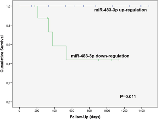 Kaplan-Meier&#x2019;s recurrence-free survival curve of the 20 prospective patients of group C according to the expression of miR-483-3p.
