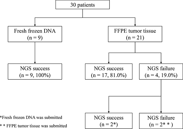 Success rate of multiplex next-generation sequencing (NGS) assay in 30 consecutive patients with pancreatic cancer.