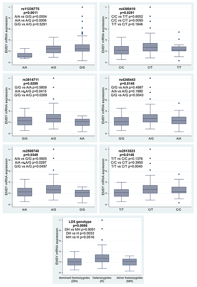 Associations between EMSY mRNA expression and six SNPs or the LD5 genotype in the same gene.