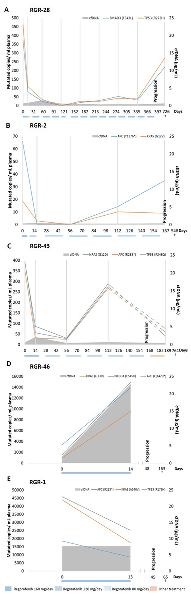 ctDNA and cfDNA status before and during regorafenib treatment.
