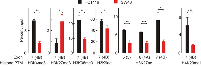 Nuc-ChIP analysis of histone epigenetic modifications in nucleosomes located over the exons 3, 4A and 4B.