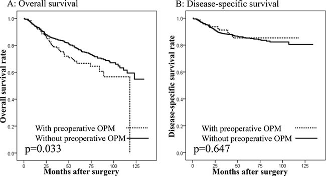 Survival curves in patients undergoing gastrectomy with curative intent according to the presence of other primary malignancies (OPMs) preoperatively.